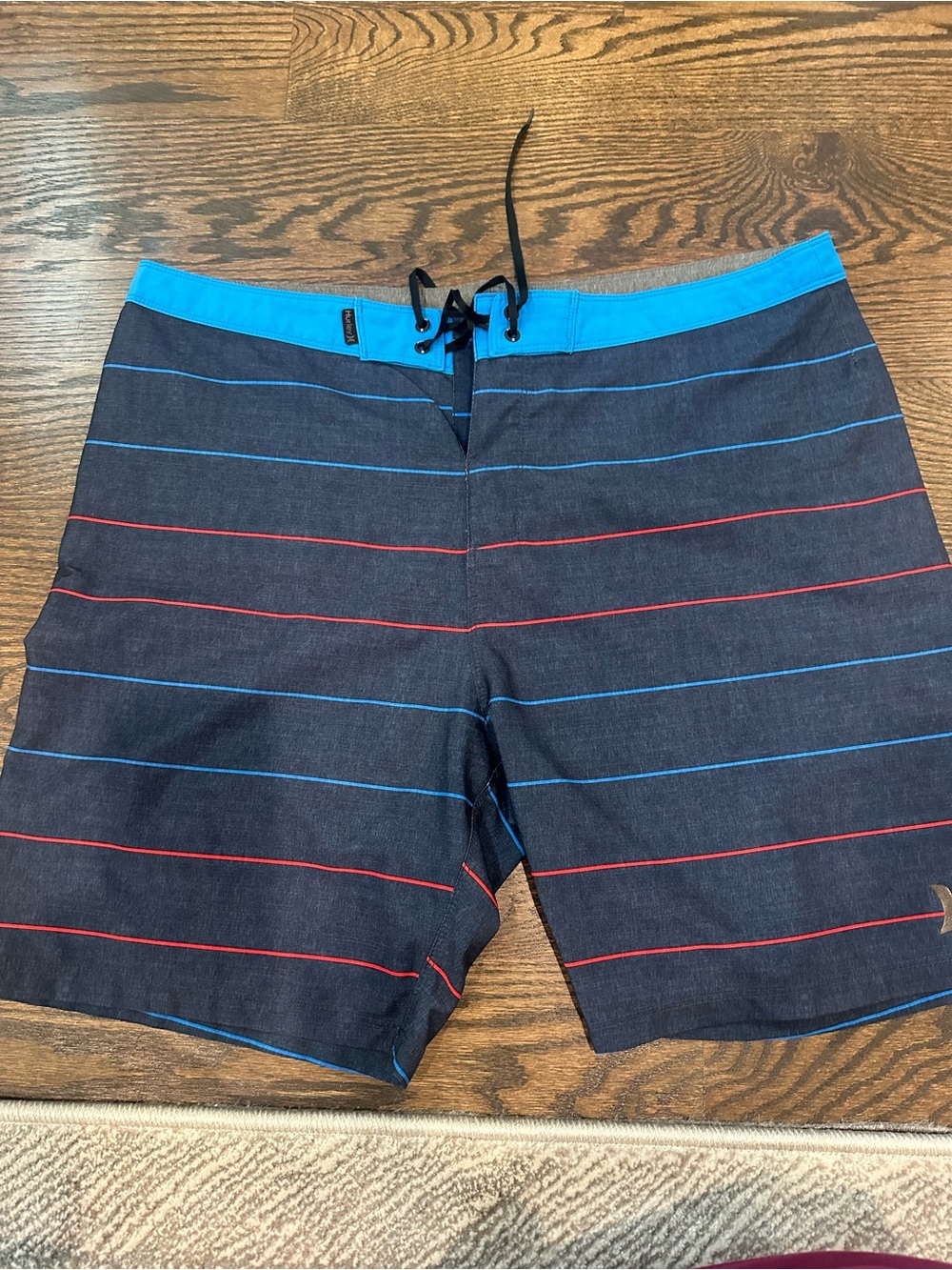 Hurley Navy Boardshorts with Blue Waistband and Red/Light Blue Stripes